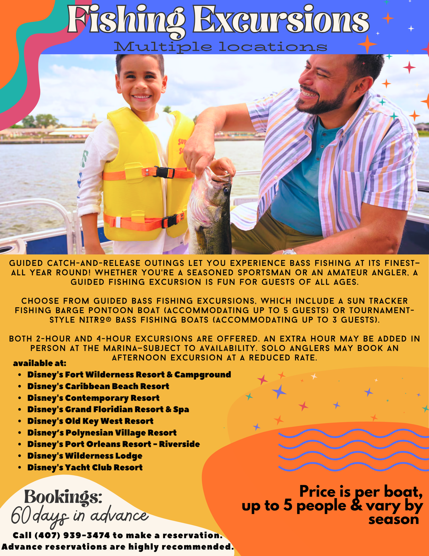 A promotional flyer for guided fishing excursions showing boat trip details and pricing.
