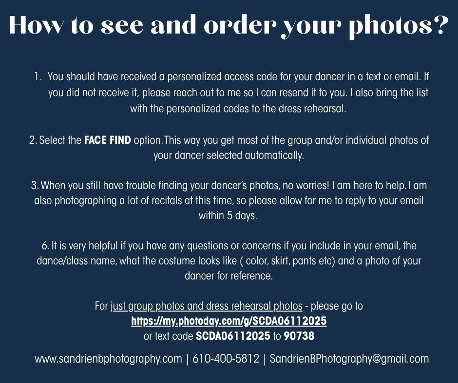 Detailed instructions for viewing and ordering dance photos displayed on a blue website header with contact information.