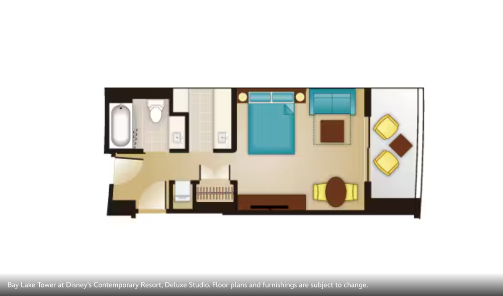 Hotel room floor plan showing bedroom, bathroom, and seating area in a linear layout.
