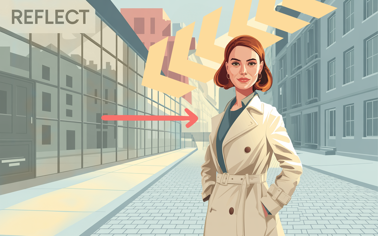 Vintage-style illustration of someone in a beige trench coat standing confidently on an urban street with tall buildings.