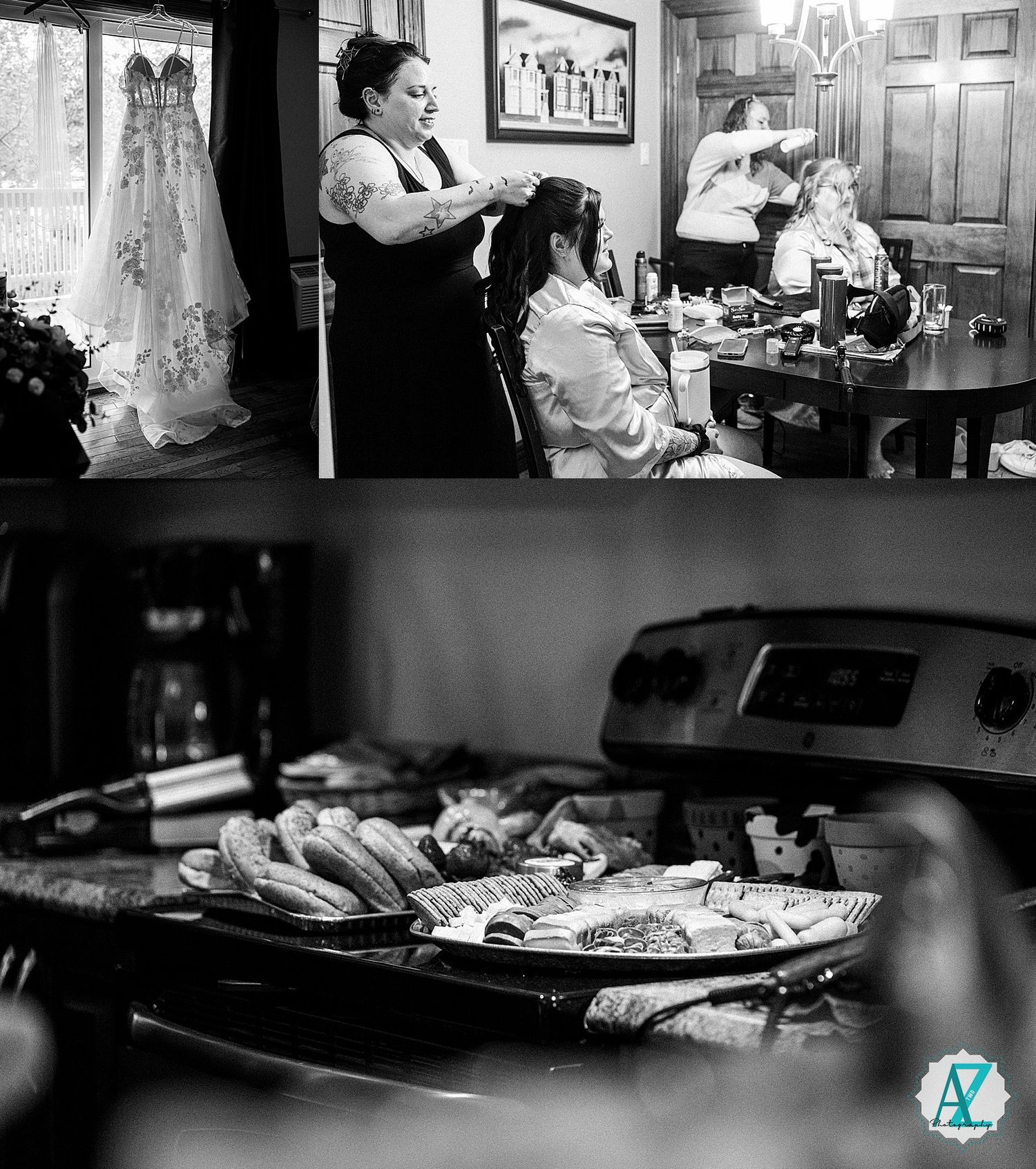 Black and white image showing a bride getting ready in a salon with wedding dresses visible in the background.