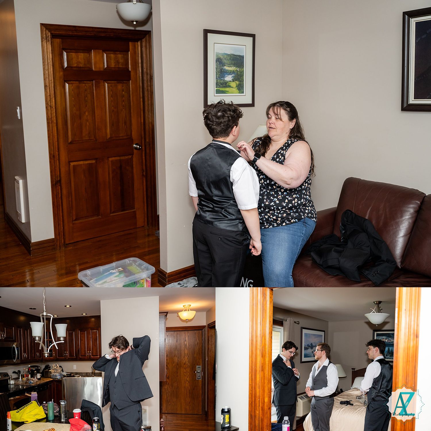 Two people dance together in a cozy living room setting with wooden doors and brown leather furniture.