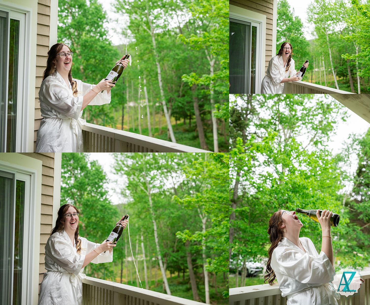 Someone in a white robe enjoys wine on a deck surrounded by lush green trees in a four-panel photo collage.