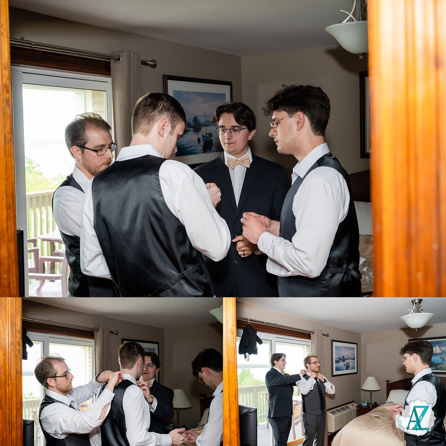 A group of formally dressed groomsmen gather together to help each other get ready before a wedding ceremony.