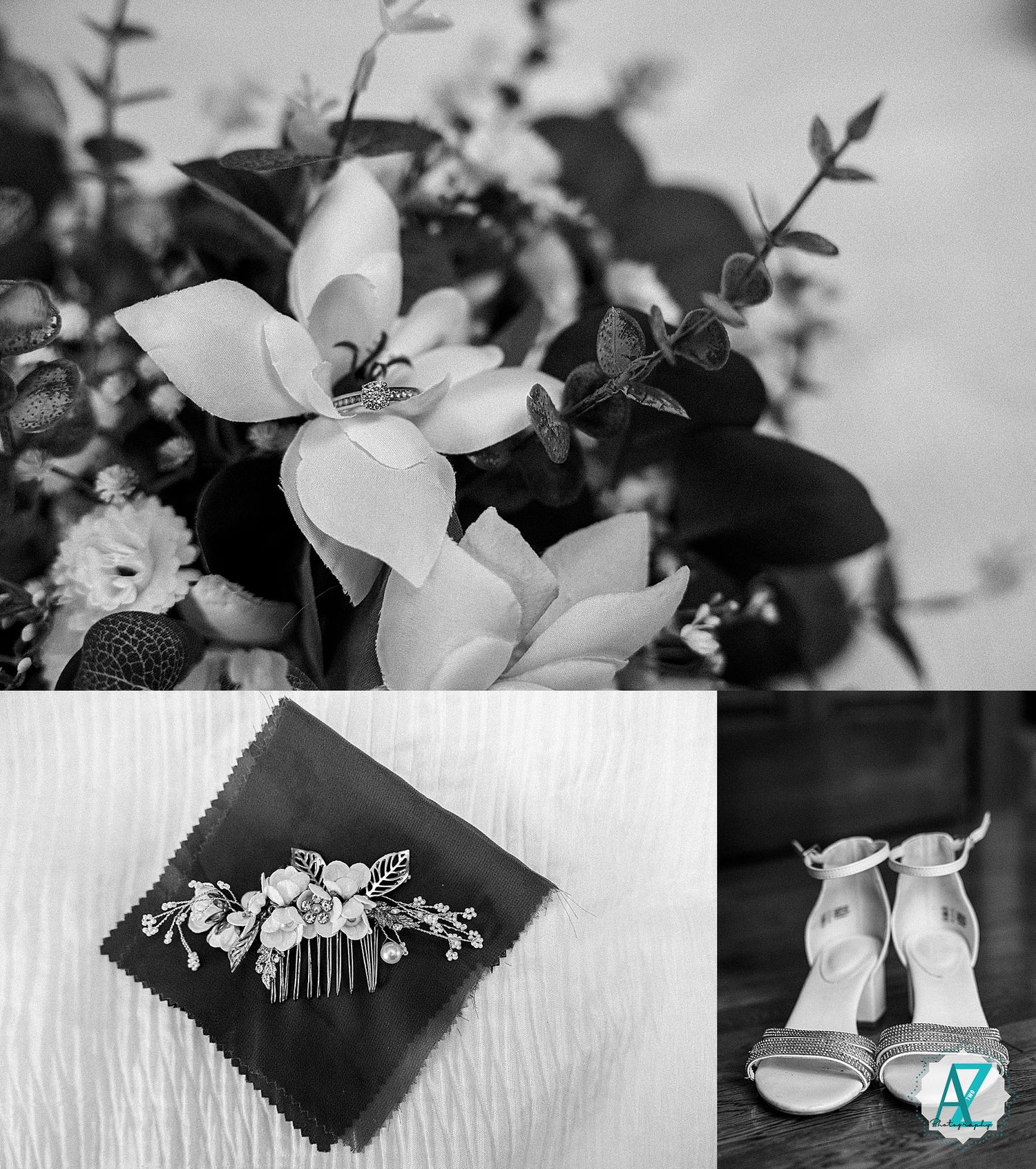 Wedding detail collage showing delicate white flowers, a decorative floral hair comb, and elegant bridal sandals in black and white.