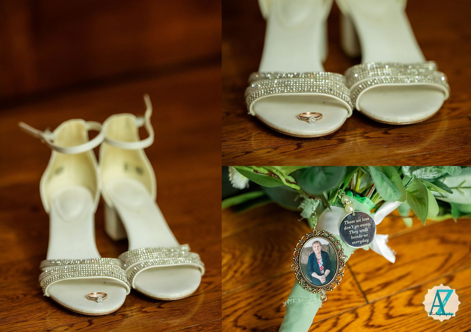 Two elegant cream colored bridal shoes with rhinestone embellishments on wooden floor beside wedding charms.