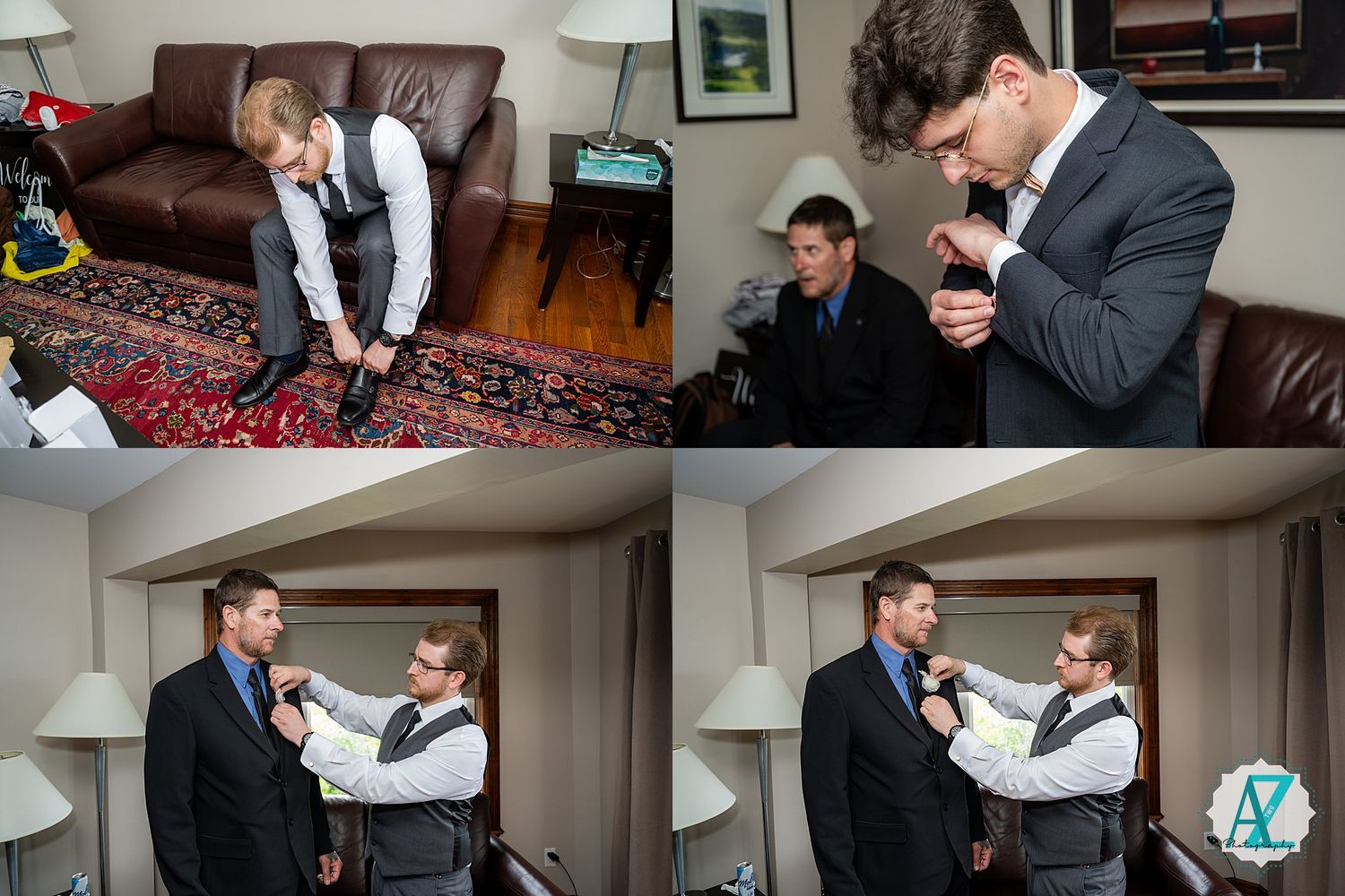 Wedding preparations and adjusting ties in a cozy living room setting before the ceremony.
