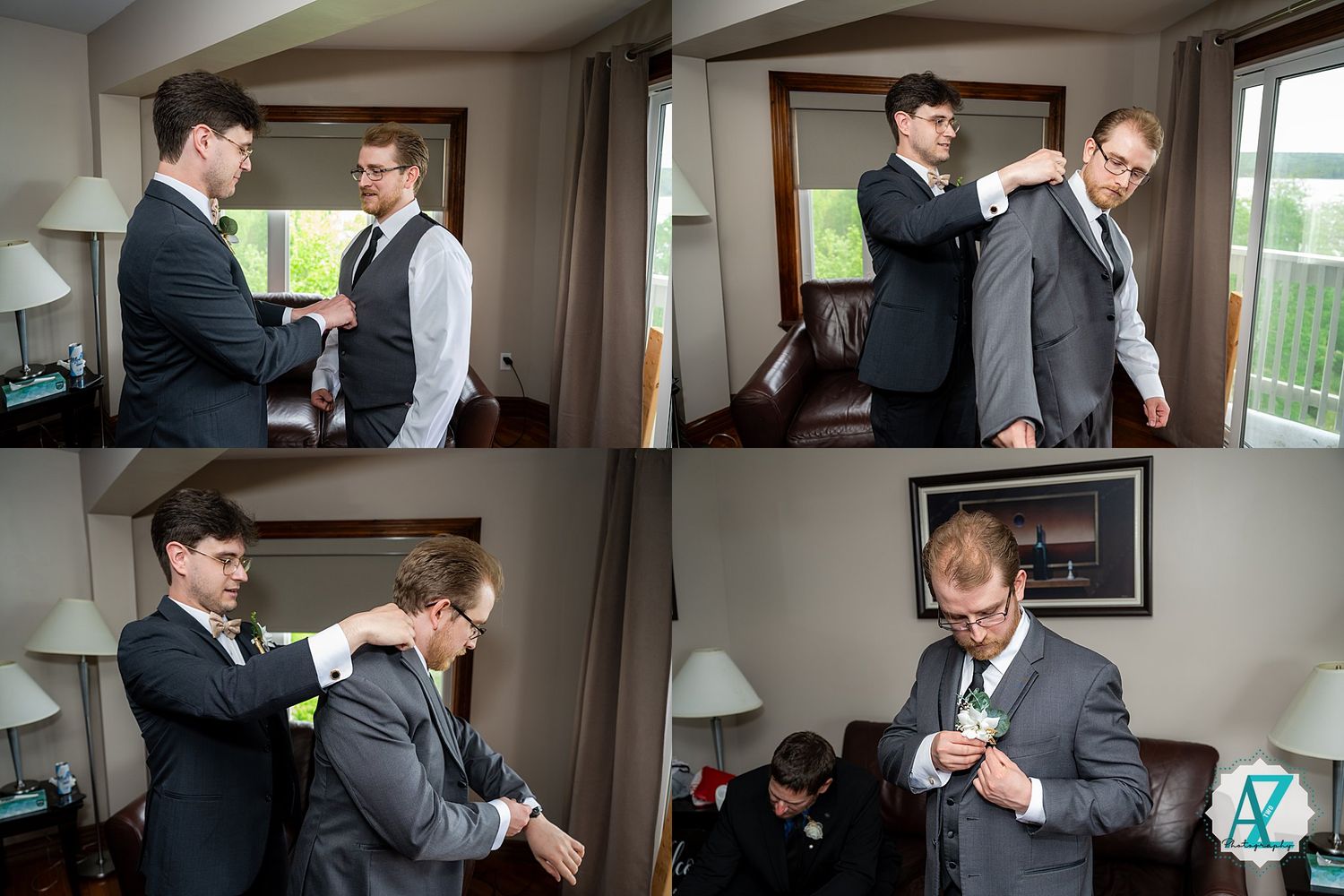 Men in formal attire prepare for a special occasion, adjusting suits and getting dressed in a bedroom setting.
