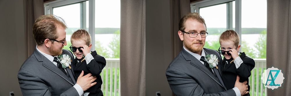 A groom and groomsmen smile while putting on formal attire and getting ready for a wedding ceremony.