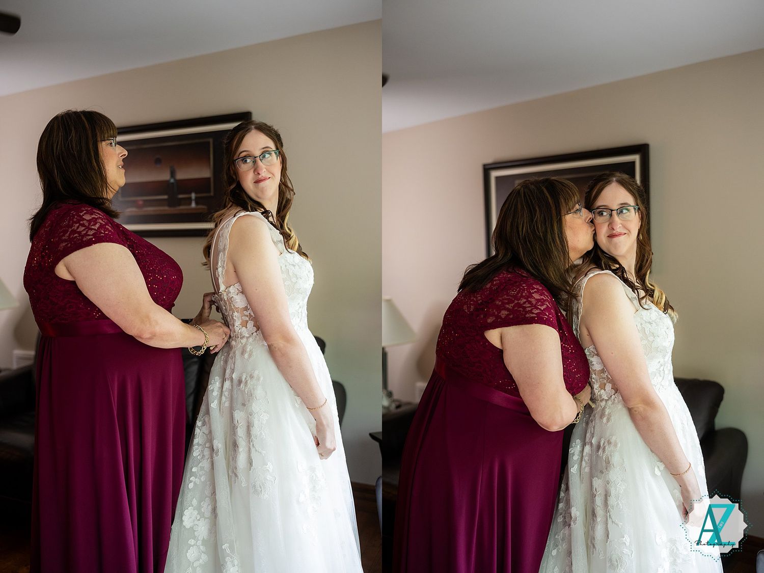 Two people in formal attire stand together, one wearing a burgundy dress and one in a white lace gown.