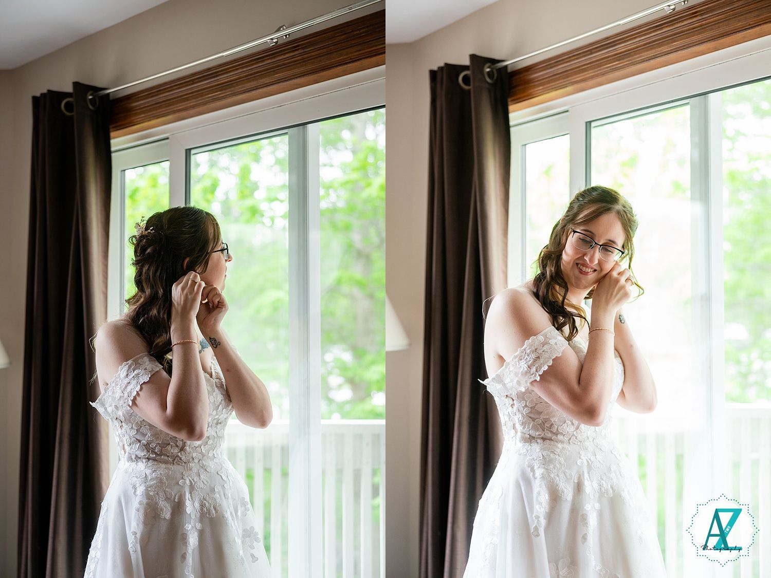 Two views of someone in a white lace wedding dress standing by a bright window with sheer curtains.