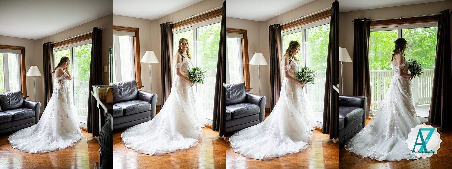 A sequence of four elegant wedding dress photos showing traditional white gown with beautiful train in sunlit room setting.