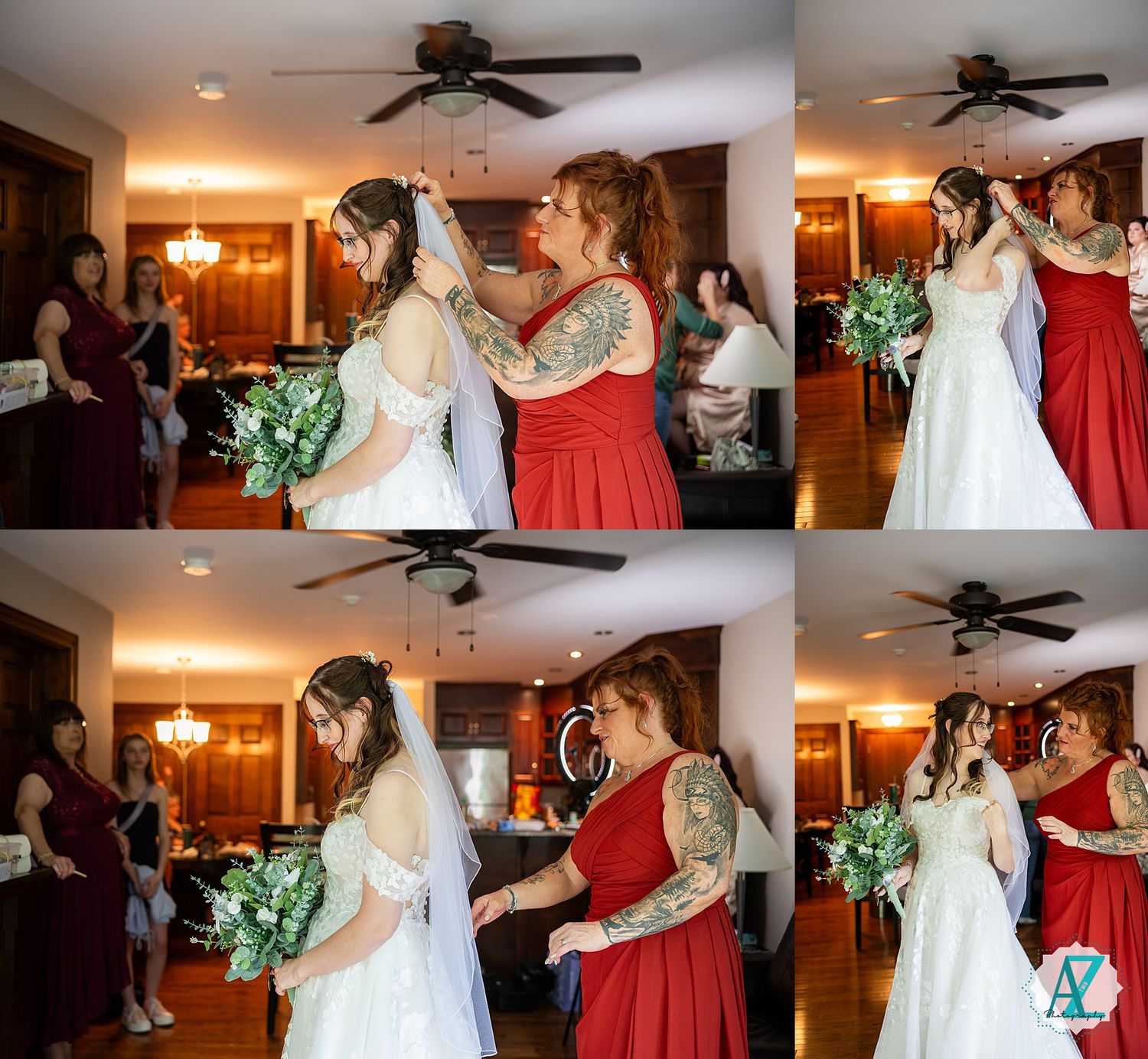 A bride in white having her wedding dress arranged by someone in a red dress as they prepare for the ceremony.