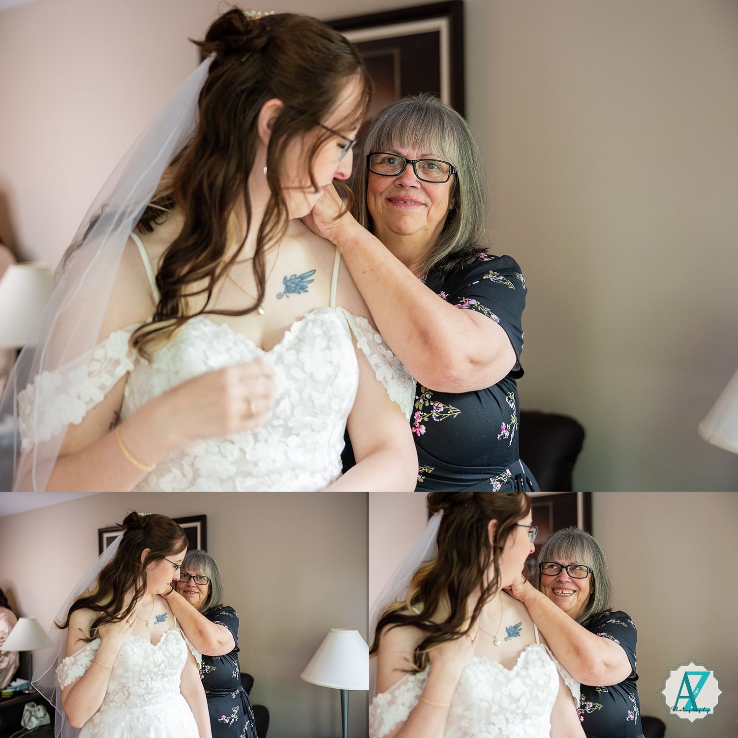 A group of wedding photos showing intimate candid moments between people in formal attire at an indoor venue.