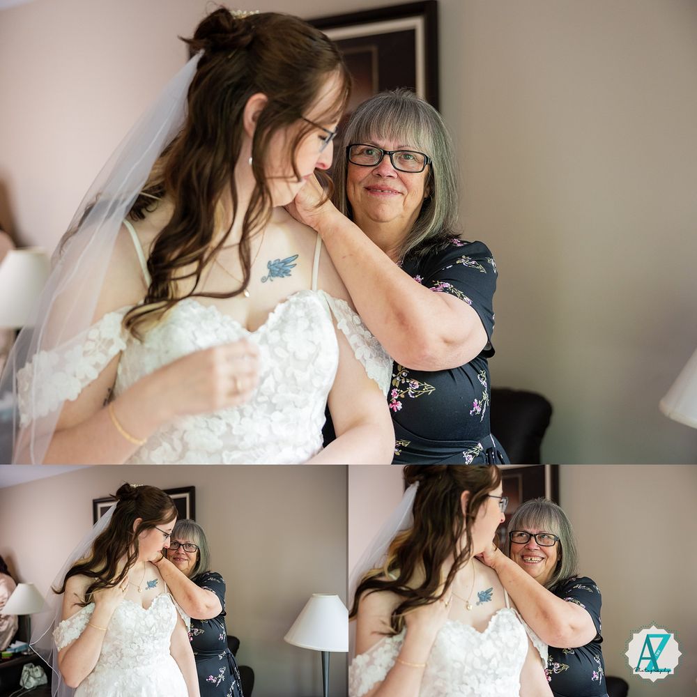A group of wedding photos showing intimate candid moments between people in formal attire at an indoor venue.