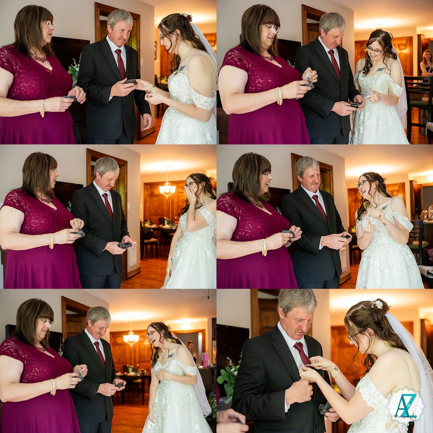A heartwarming scene shows wedding guests in a magenta dress and dark suit interacting with the bride in an intimate setting.