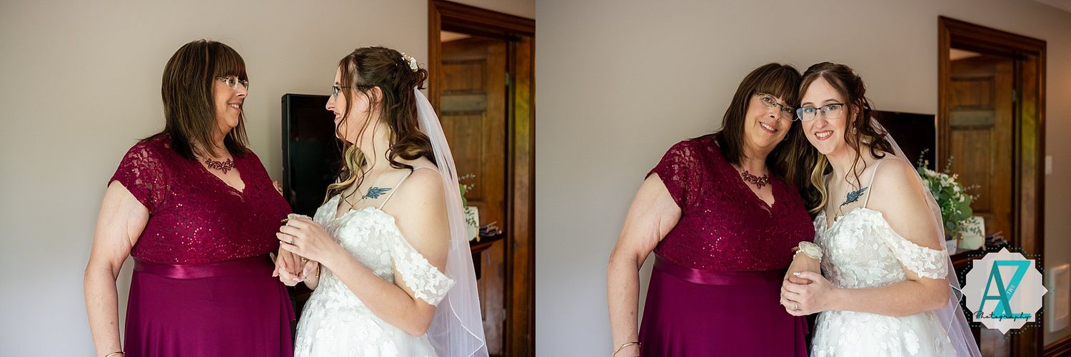Two women share joyful moments together in a wedding setting with burgundy and white dresses.