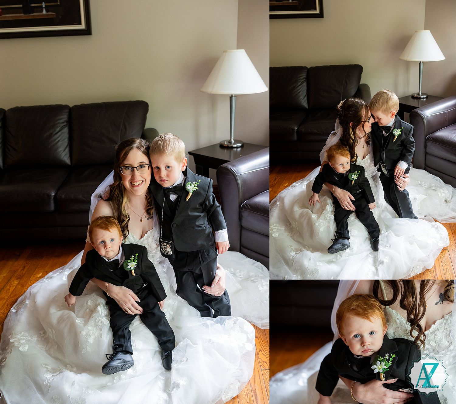 A family in wedding attire sits together on a brown leather couch with white wedding dress flowing across their laps.