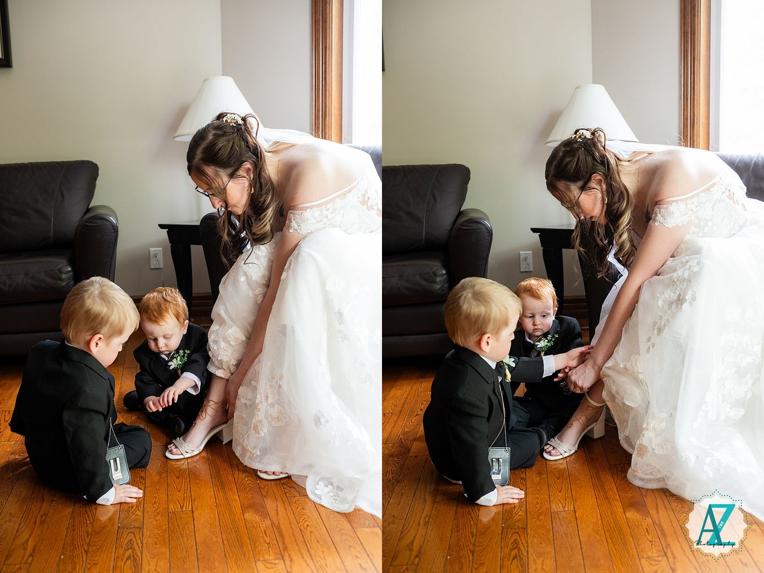 A person in a white wedding dress helps two young children with their formal attire in a living room.