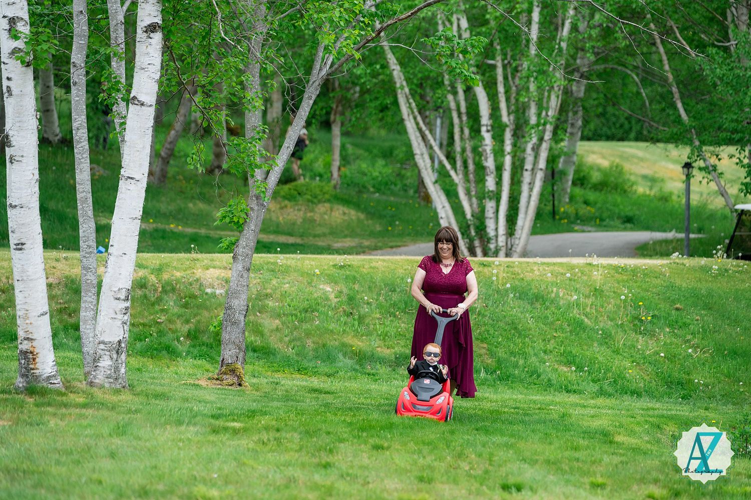 Someone in a burgundy dress stands among white birch trees on a grassy lawn near a curved pathway.