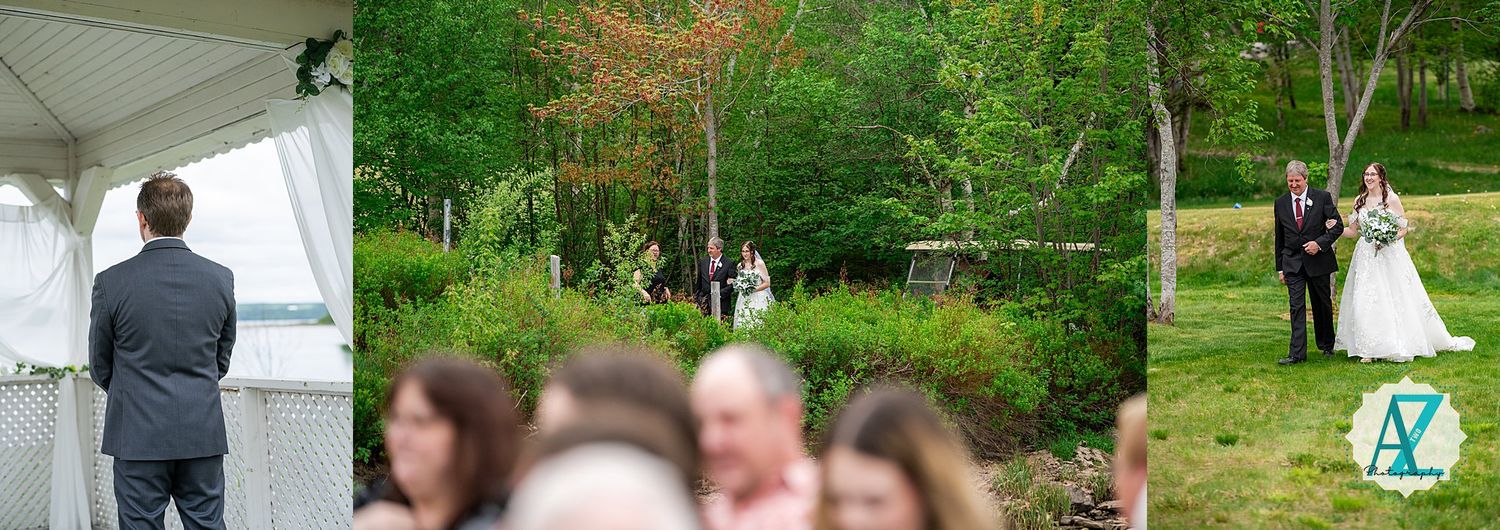 Wedding ceremony takes place in a lush garden setting with white tent and guests seated on chairs.