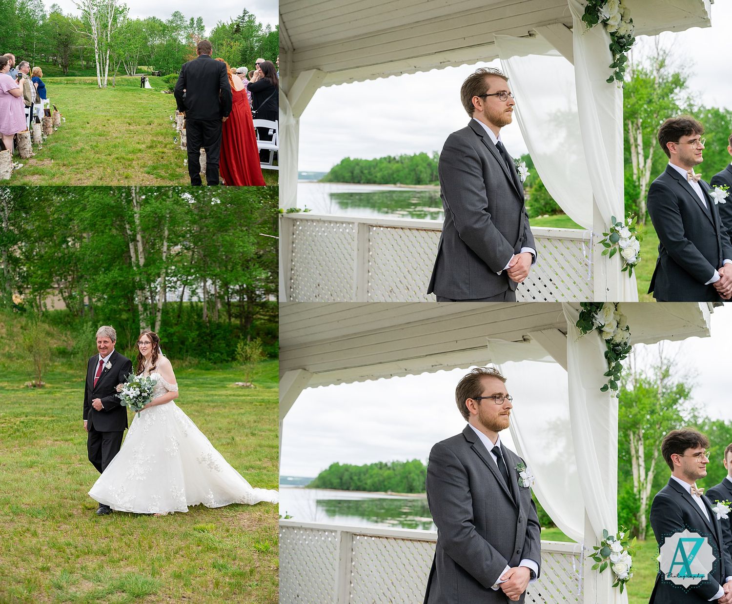 A multi-panel collage showing a white wedding tent setup in a lush green outdoor setting with guests mingling about.