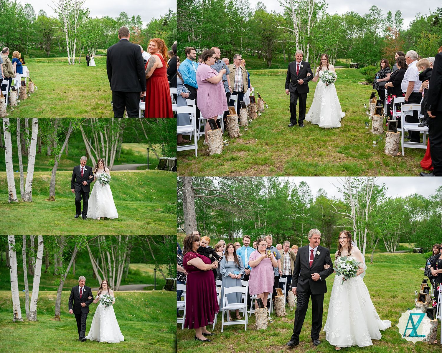 Multiple moments from an outdoor wedding ceremony with guests gathered around a birch tree decorated setup in a green field.