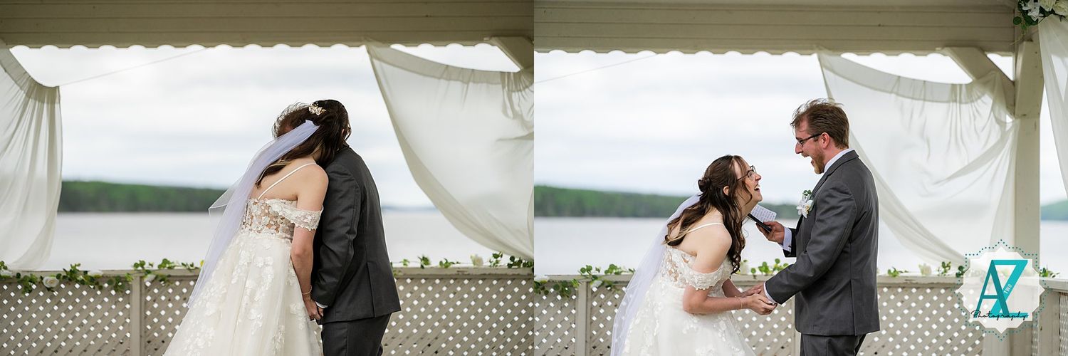A relaxed outdoor lakeside wedding ceremony scene with white decor, dock platform and natural scenery.