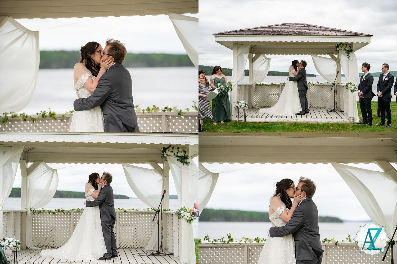 A couple shares romantic moments during their lakeside gazebo wedding ceremony.