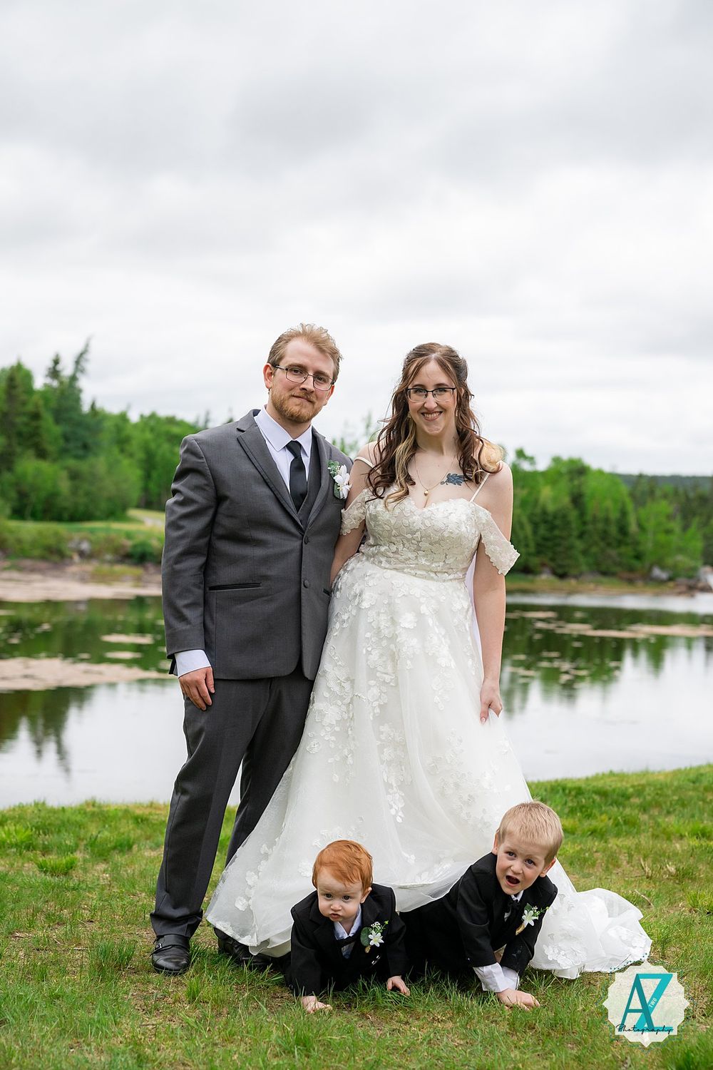 A sequence of wedding photos showing a couple and children sitting and posing by a scenic lakeside setting.