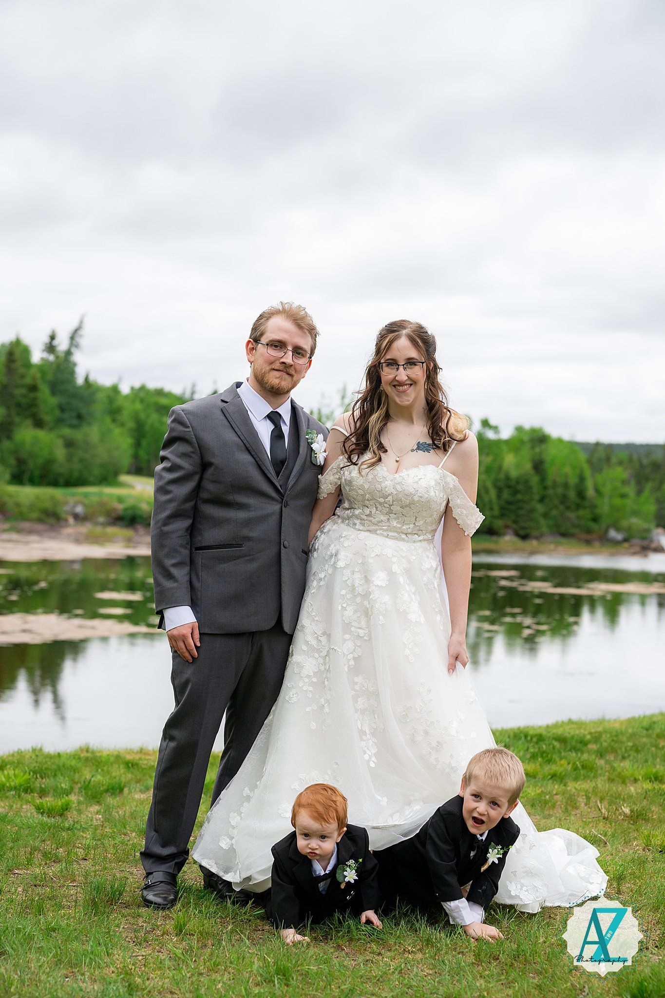 A sequence of wedding photos showing a couple and children sitting and posing by a scenic lakeside setting.