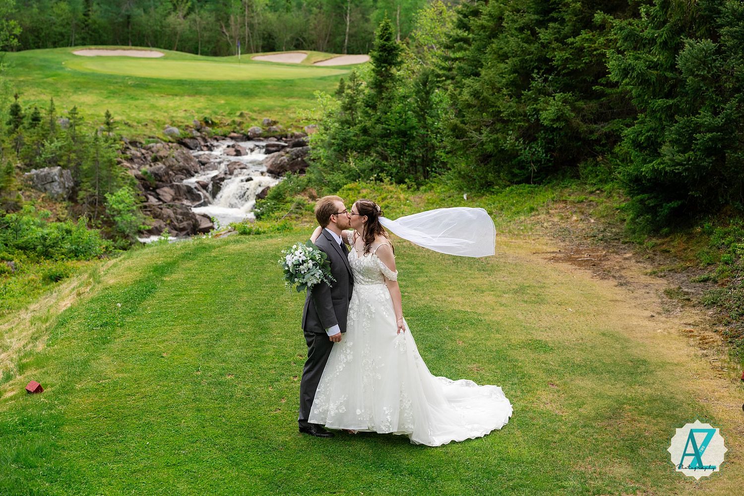 Epic wedding photo collage featuring natural scenery with waterfalls, green meadows and forest backdrops.