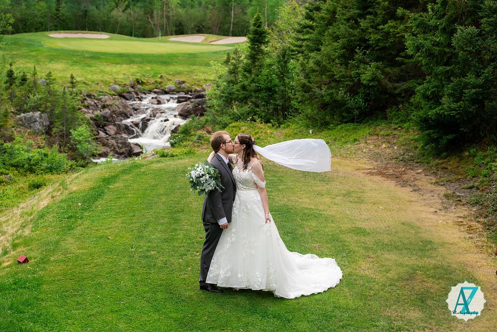 Epic wedding photo collage featuring natural scenery with waterfalls, green meadows and forest backdrops.