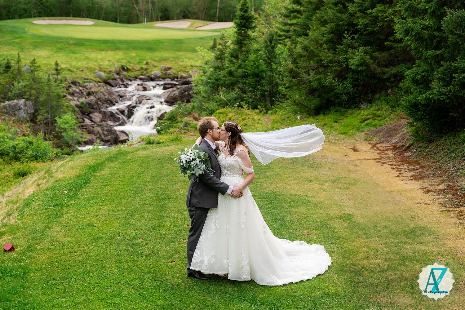 Wedding couple portraits against scenic mountain landscapes with waterfalls and lush green meadows.