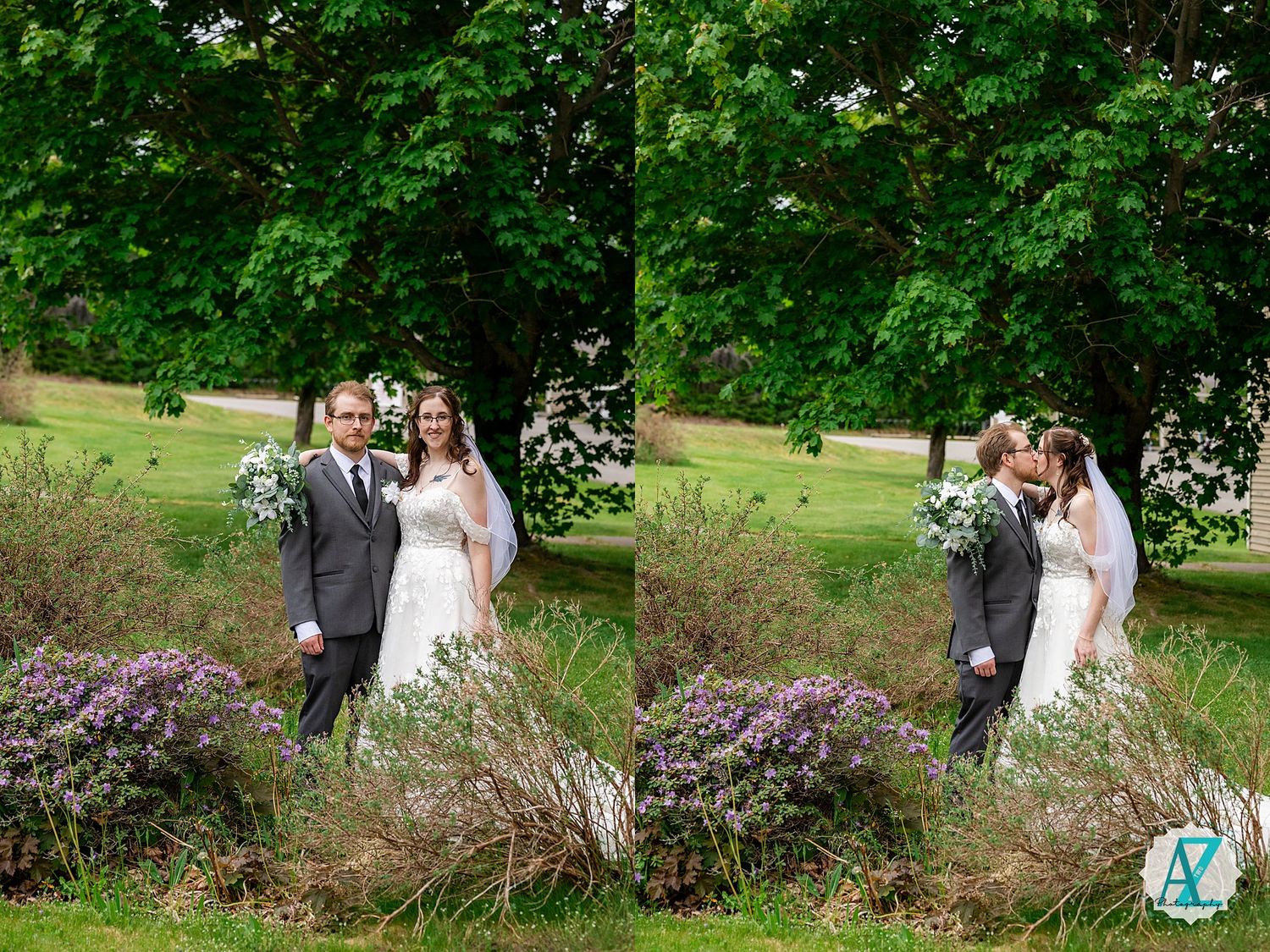 A wedding couple poses in a garden setting with purple flowers and lush greenery in the background.