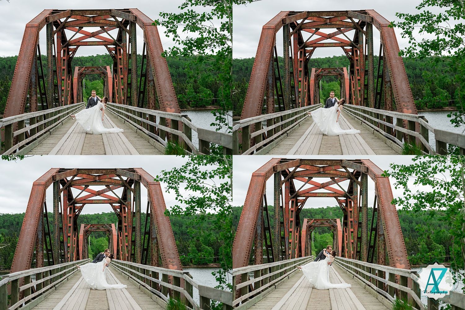 Rustic brown metal railway bridge with wooden planks spans across a serene forest setting.