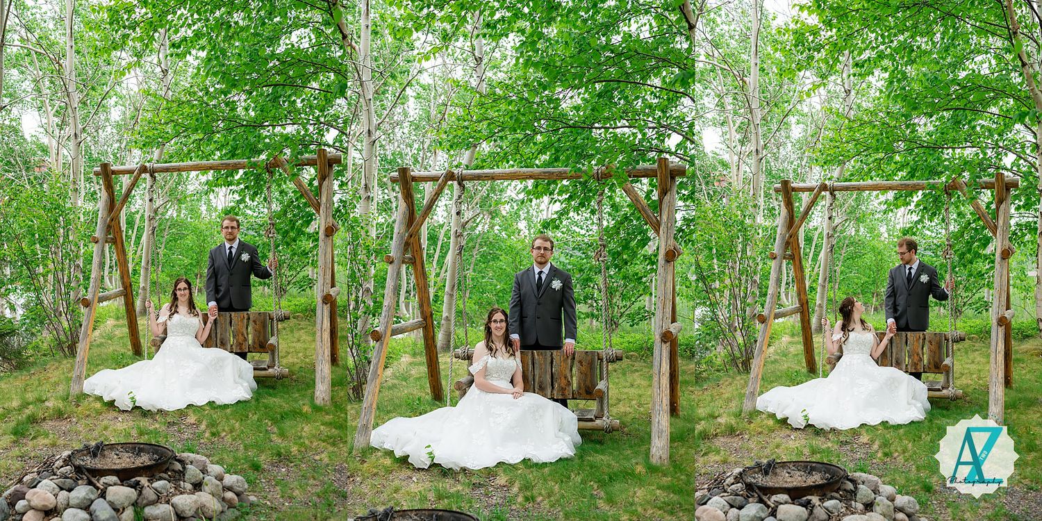 A couple poses in a serene outdoor setting with rustic wooden posts and lush green trees in a triptych photo arrangement.