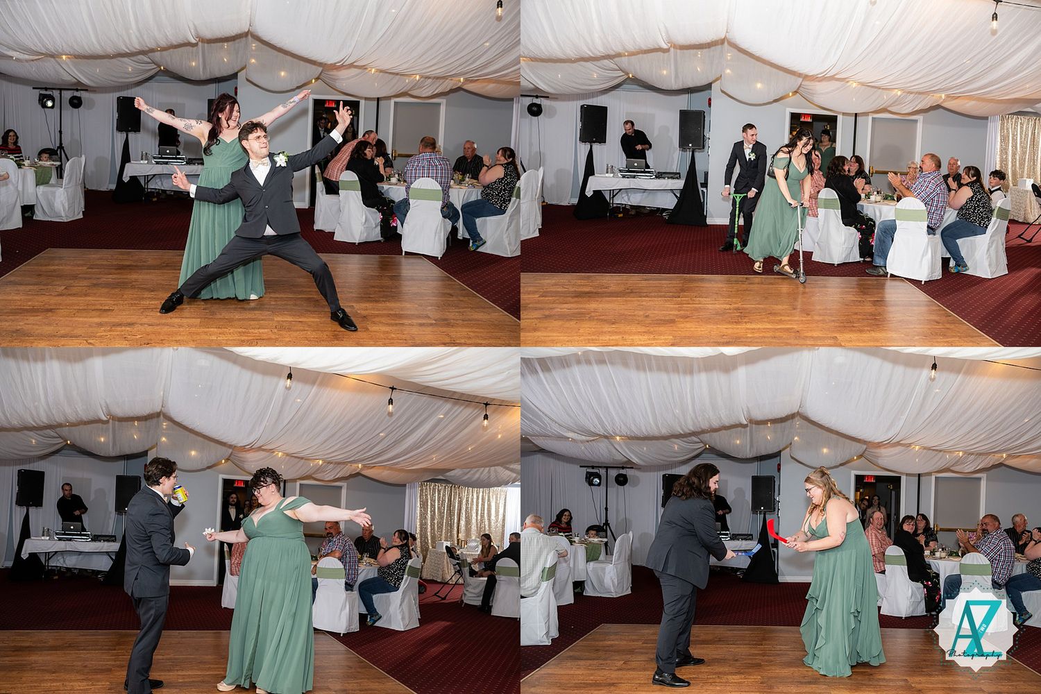 Wedding guests dance on wooden floor at reception under white tent with joyful spins and dips in matching formal attire.