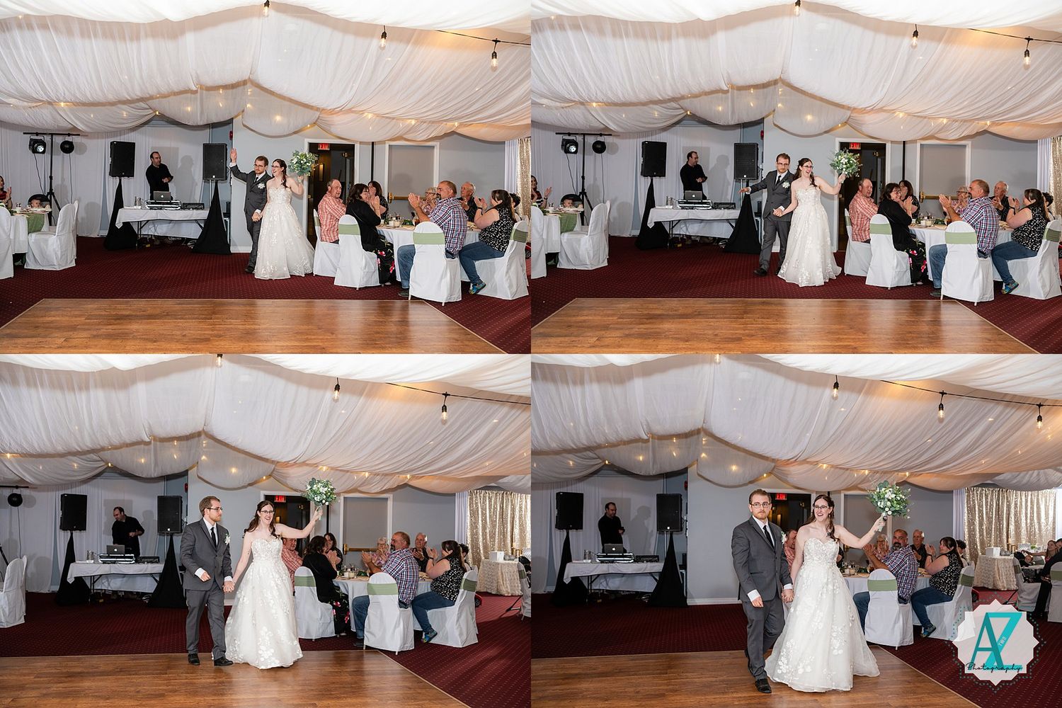 A panoramic view of a wedding reception shows guests dancing on a white dancefloor under elegant white fabric draping.