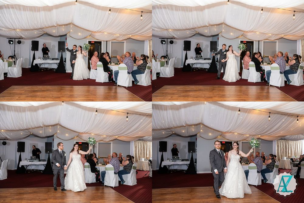 A panoramic view of a wedding reception shows guests dancing on a white dancefloor under elegant white fabric draping.