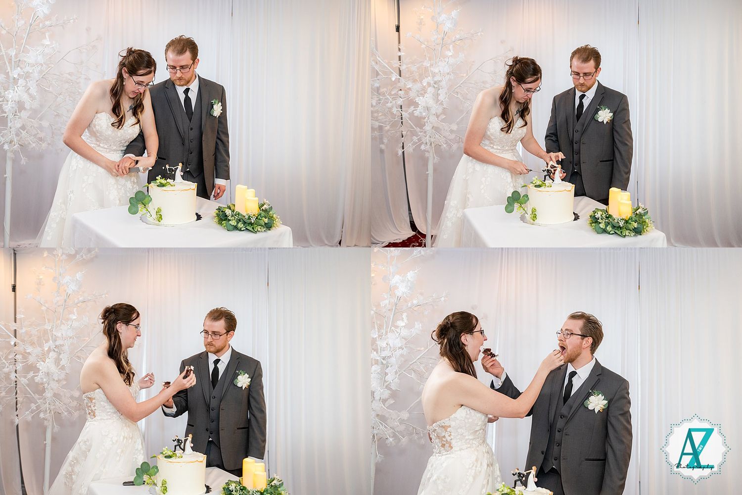 A couple shares intimate moments while cutting their wedding cake in a bright reception venue.