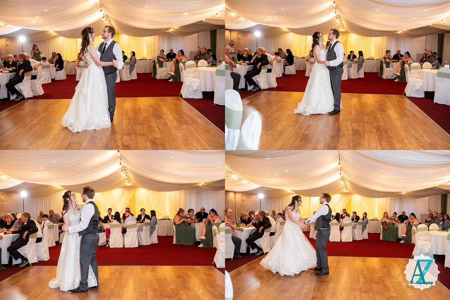 A couple shares a romantic first dance in an elegantly decorated ballroom reception with guests watching from their tables.