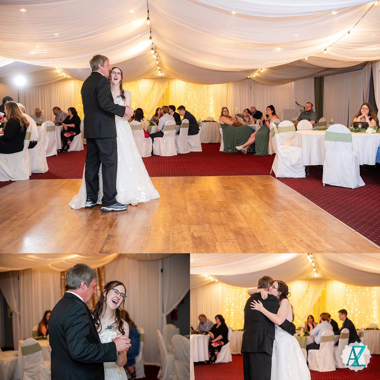 Couple shares their first dance at a wedding reception with white draped ceiling and elegant table settings.