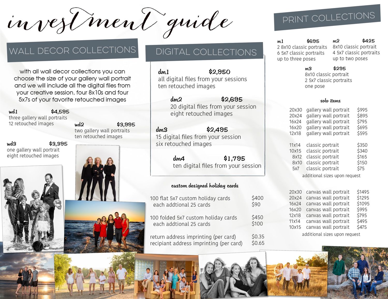 A collage of professional investment guide pricing sheets and photography service packages laid out in a horizontal view.