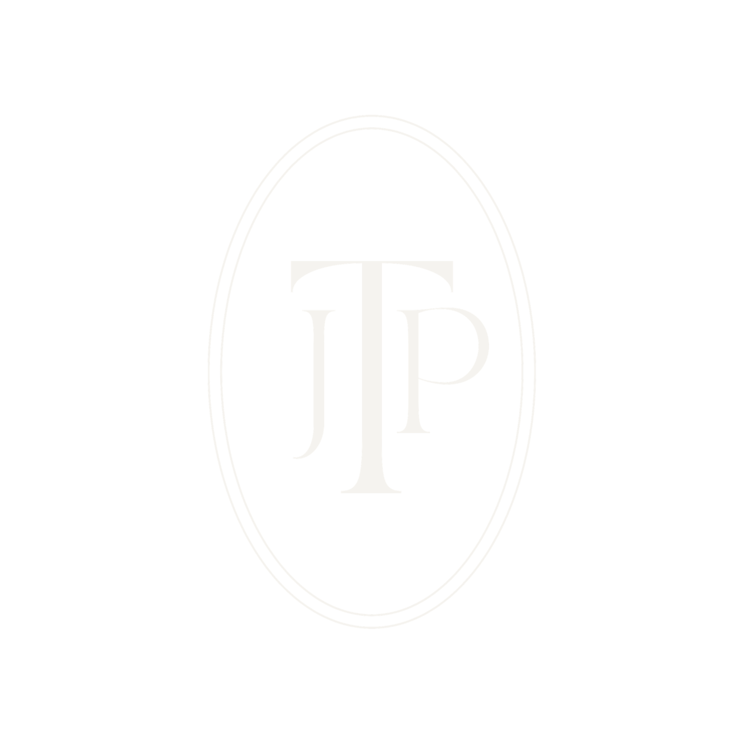 White JTP monogram logo design in thin letters centered within an oval frame on a muted blue background.