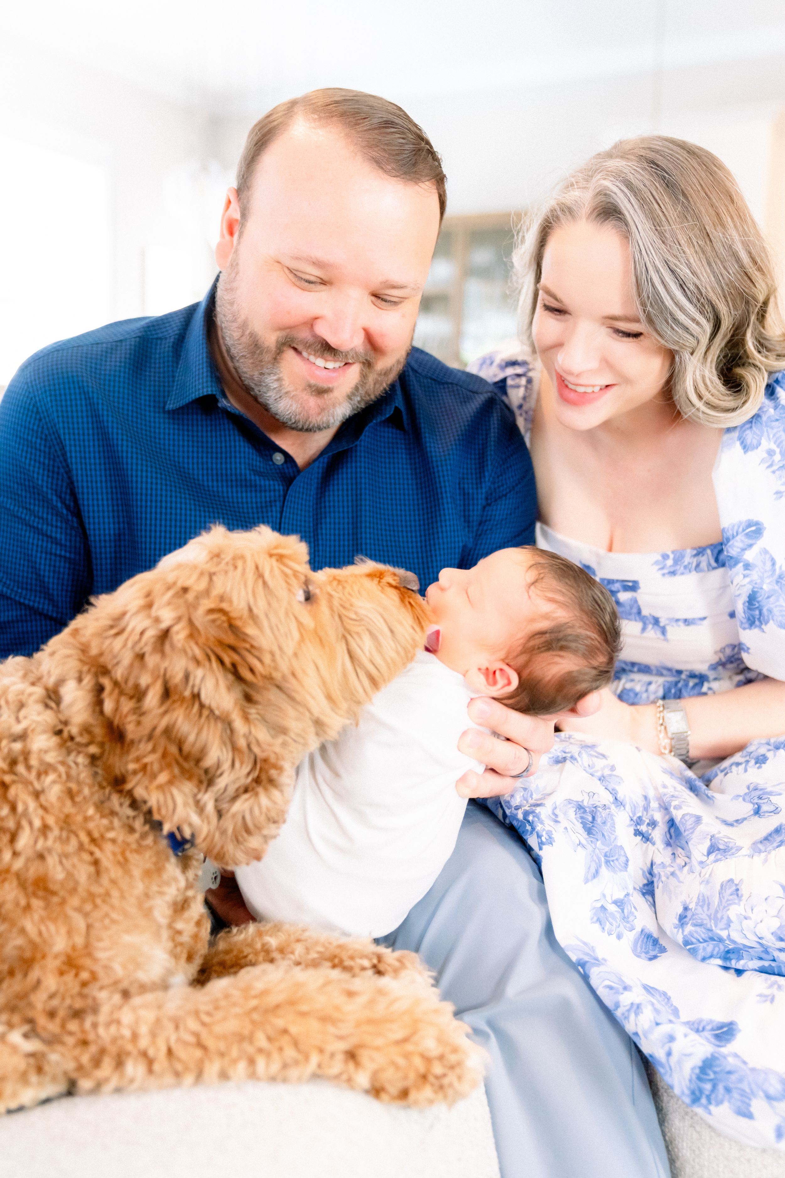 family smiling with their dog as they hold their newborn and the dog snuggles up next to the baby during her newborn session in Tampa