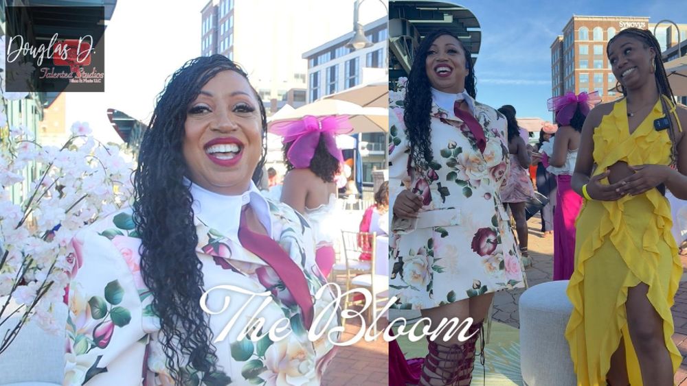 Women in floral and yellow dresses pose outdoors at The Bloom event, smiling and celebrating in style.