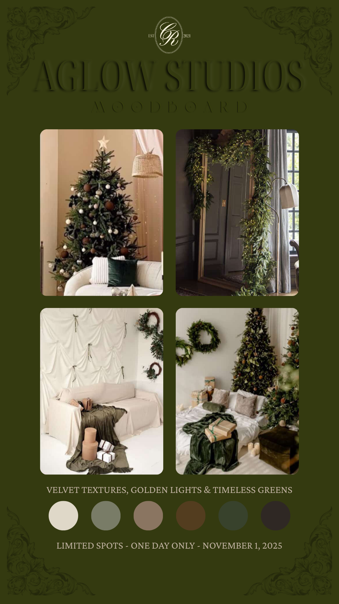 Studio Christmas studio photography with family sitting by a decorated tree with warm lighting in a cozy living room set up in Fontana, CA