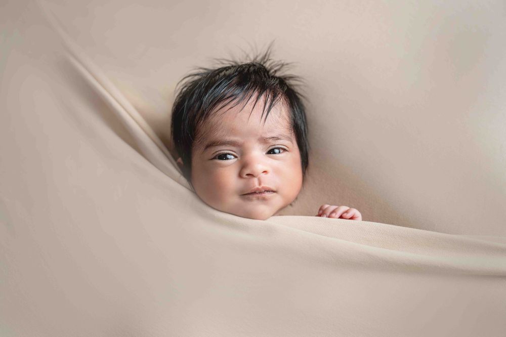 Professional studio photo of newborn baby girl in landscape peekaboo pose