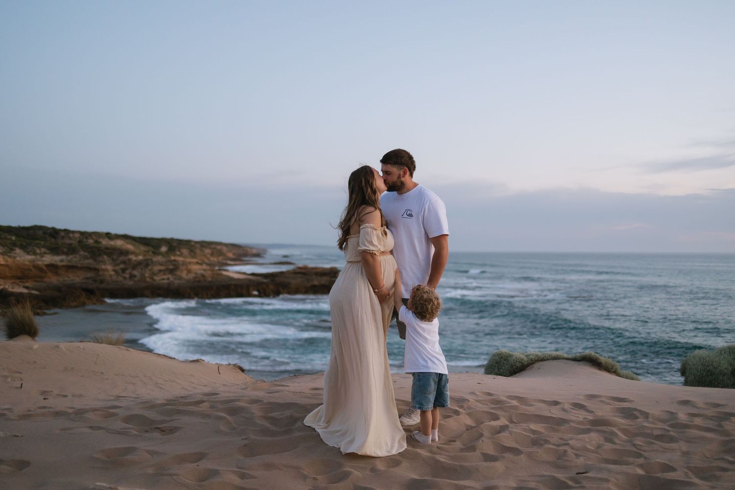 Outdoor maternity photography session on the Mornington Peninsula featuring natural pregnancy portraits at sunset.